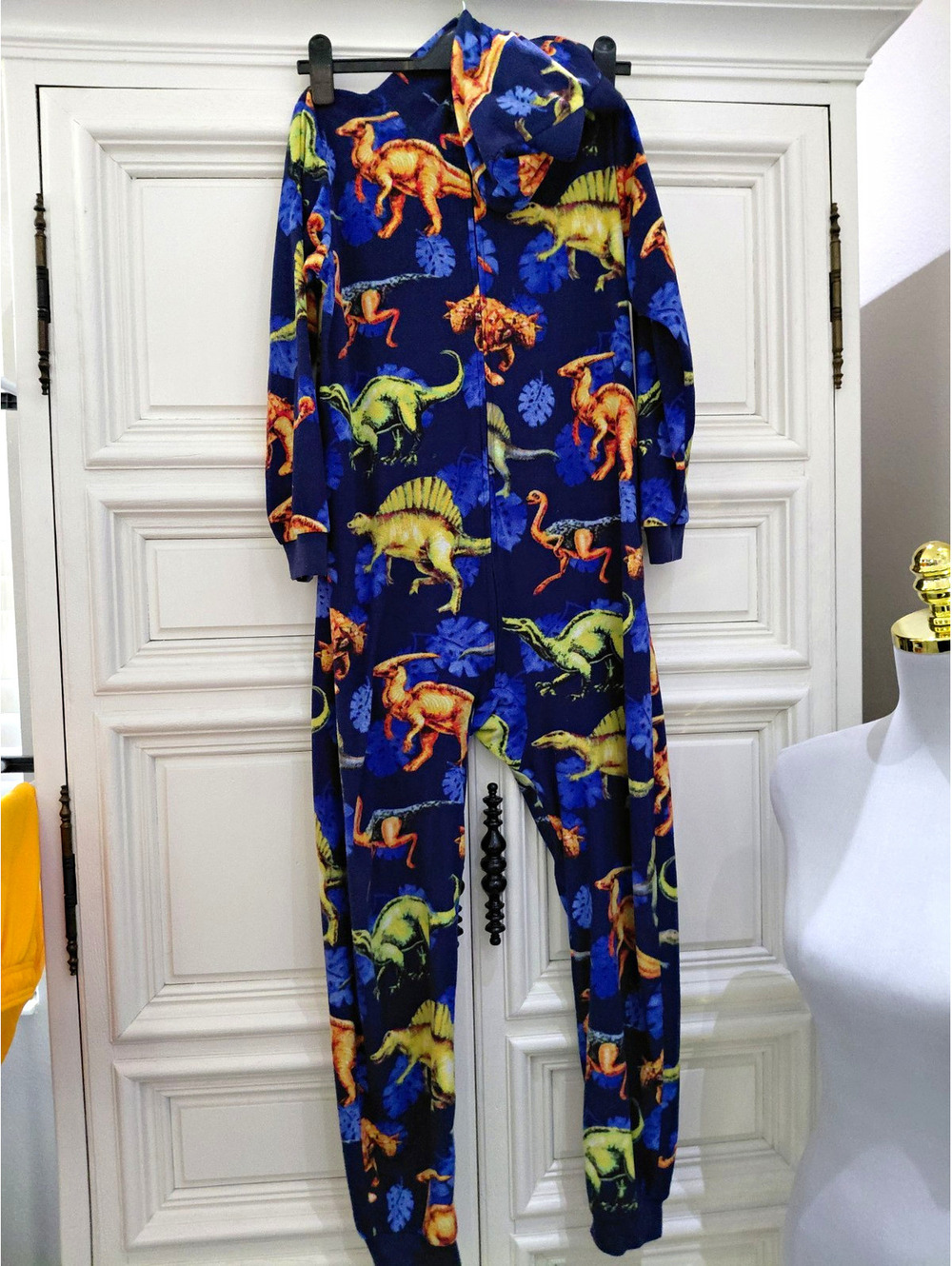 Dinosaur Animal Print Blue Hooded Fleece One-Piece Pajama Unisex Kids M